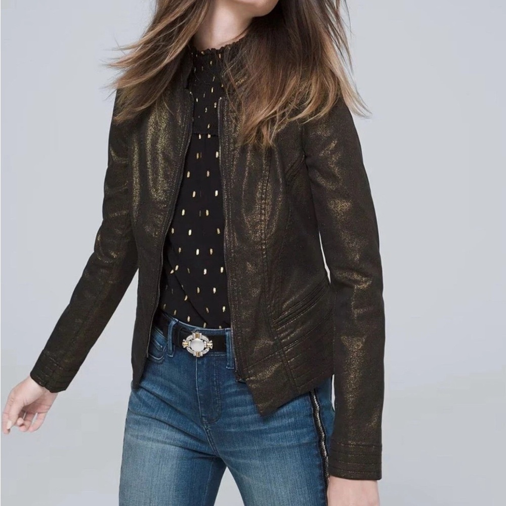 White House Black Market Gold Metallic Biker Moto Jacket Size 2